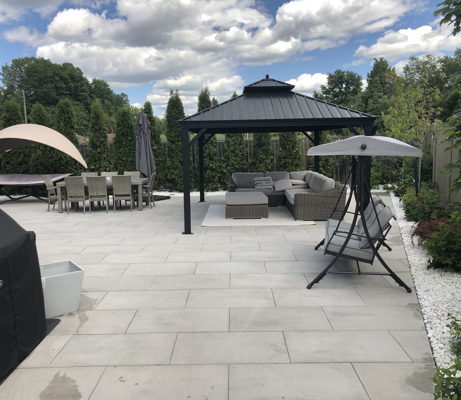 Patio at night lit by lights